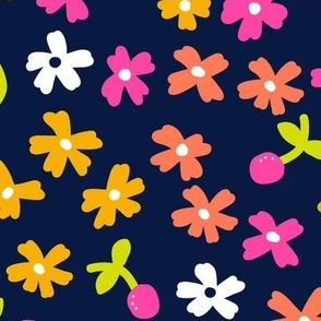 Colorful Tossed Flowers and Cherries on Midnight Blue Ground Non Directional