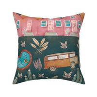 Seaside Van, Palms and Pool in retro and vintage colours 