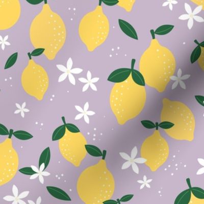 Citrus garden summer blossom lemons and oranges fruit design lilac purple yellow green