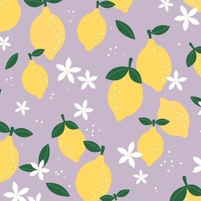 Citrus garden summer blossom lemons and oranges fruit design lilac purple yellow green