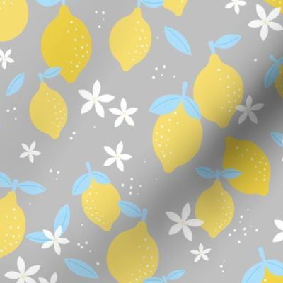 Citrus garden summer blossom lemons and oranges fruit design blue gray yellow boys