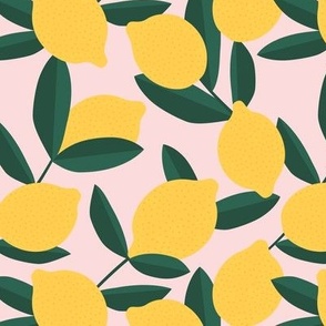 Retro style lemons and leaves fruit garden summer design pink green yellow