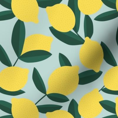 Retro style lemons and leaves fruit garden summer design yellow green on mist green mint