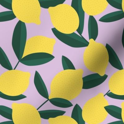 Retro style lemons and leaves fruit garden summer design yellow green on lilac purple