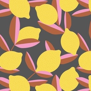 Retro style lemons and leaves fruit garden summer design yellow rust pink on charcoal