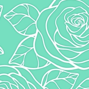 Large Rose Cutout Pattern - Aqua Mint and White