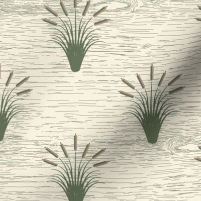 Cattails & Jumping Fish 2: Sage Green & Chestnut Brown Retro Rustic Lake Print, 1940s Lodge Cabin