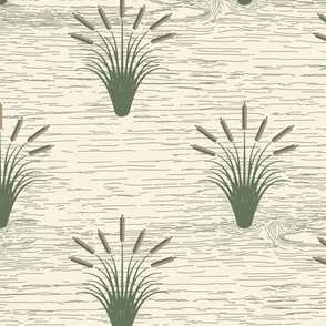 Cattails & Jumping Fish 2: Sage Green & Chestnut Brown Retro Rustic Lake Print, 1940s Lodge Cabin