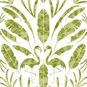 Tropical Palms and Flamingo Damask  - evergreen