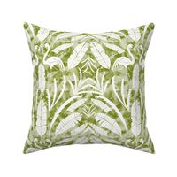 Tropical Palms and Flamingo Damask  - white on evergreen