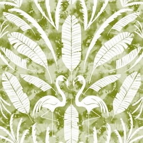 Tropical Palms and Flamingo Damask  - white on evergreen