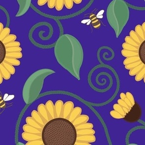 Art nouveau fluffy sunflowers on indigo large scale