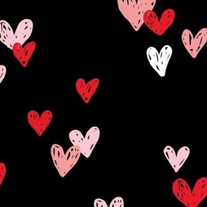Sweet little grunge sketch hearts valentine lovers in peach blush red pink on black LARGE