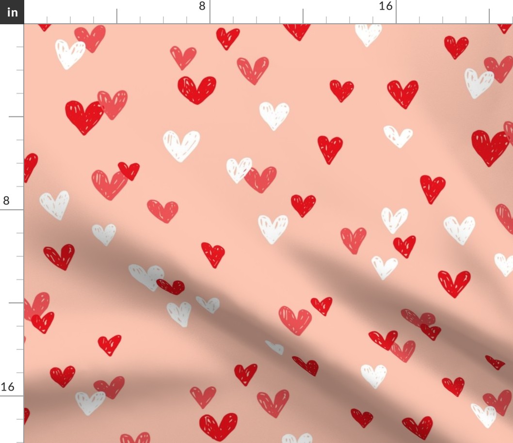 Sweet little grunge sketch hearts valentine lovers in blush red on peach LARGE