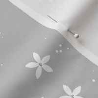 The minimalist hawaii blossom garden jasmin flowers and seeds white on light gray 