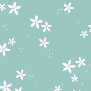 The minimalist hawaii blossom garden jasmin flowers and seeds white on warm aqua blue