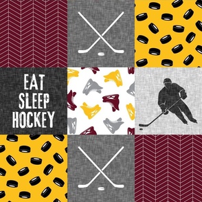 Eat Sleep Hockey - Ice Hockey Patchwork - Hockey Nursery - Wholecloth gold and maroon  - C21