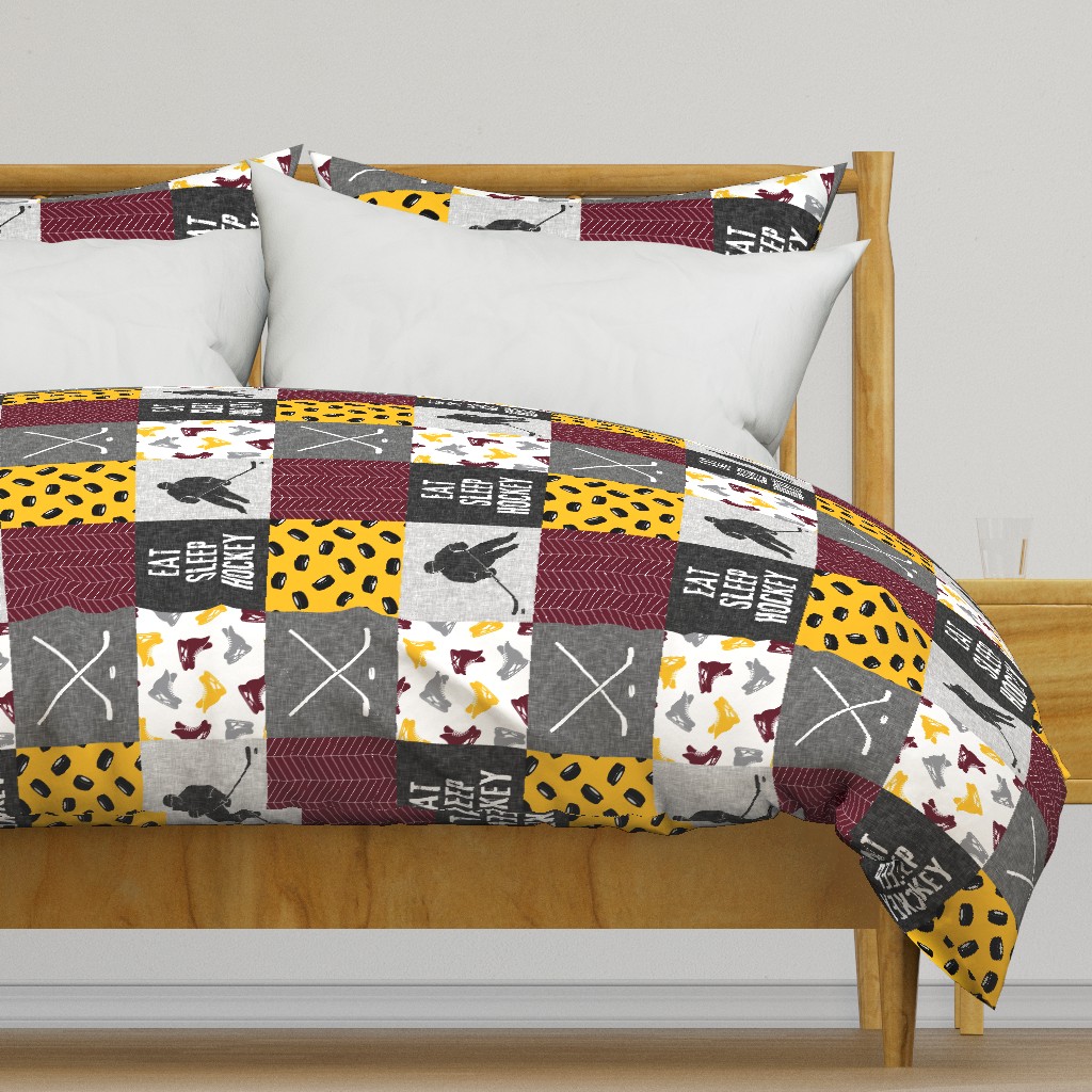 Eat Sleep Hockey - Ice Hockey Patchwork - Hockey Nursery - Wholecloth gold and maroon (90) - C21