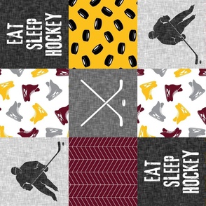 Eat Sleep Hockey - Ice Hockey Patchwork - Hockey Nursery - Wholecloth gold and maroon (90) - C21