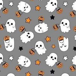 Ghosts with Halloween Buckets Orange on Gray