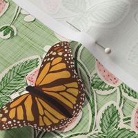 large 'paper cut' strawberry damask with monarch butterflies - large scale