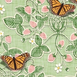 large 'paper cut' strawberry damask with monarch butterflies - large scale