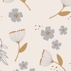 Tropical Hawaii summer garden protea blossom and hibiscus  flowers and leaves golden gray on cream beige