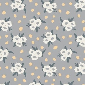 Caroline White Floral  w/ Green Leaves & Yellow Accents