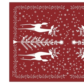 TEA TOWELS - CHRISTMAS - 2 DEER W SKINNY TREE - white on red