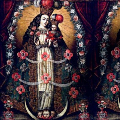 10 feathers Jesus Christ Virgin Mary Christianity Catholic religious mother Madonna child baby crown floral flowers crescent moon angels cherub archway garland gown dress dark green flowers motherhood long hair embroidery pearls bows beautiful lady woman 