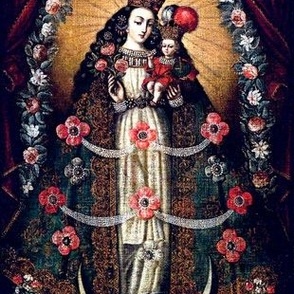 10 feathers Jesus Christ Virgin Mary Christianity Catholic religious mother Madonna child baby crown floral flowers crescent moon angels cherub archway garland gown dress dark green flowers motherhood long hair embroidery pearls bows beautiful lady woman 