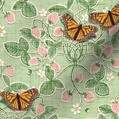 medium 'paper cut' strawberries damask with monarch butterflies - medium scale