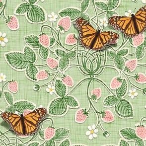 medium 'paper cut' strawberries damask with monarch butterflies - medium scale