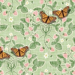 small 'paper cut' strawberries damask with monarch butterflies - small scale