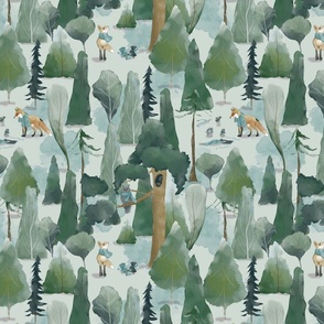 Fox and Owls in the Green Woods (12x12)-large scale