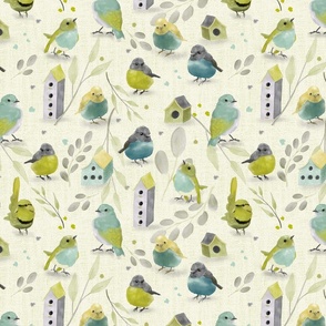 Little Birds - green and aqua -yellow green background (12x12) large scale