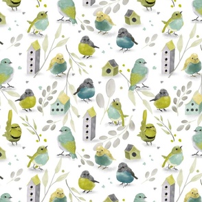 Little Birds - green and aqua -white background 12x12(large scale)