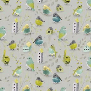 Little Birds - green and aqua - gray background ( 12x12) large scale