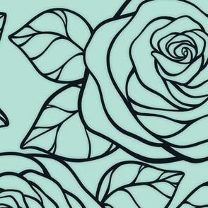 Large Rose Cutout Pattern - Pastel Mint and Midnight Black