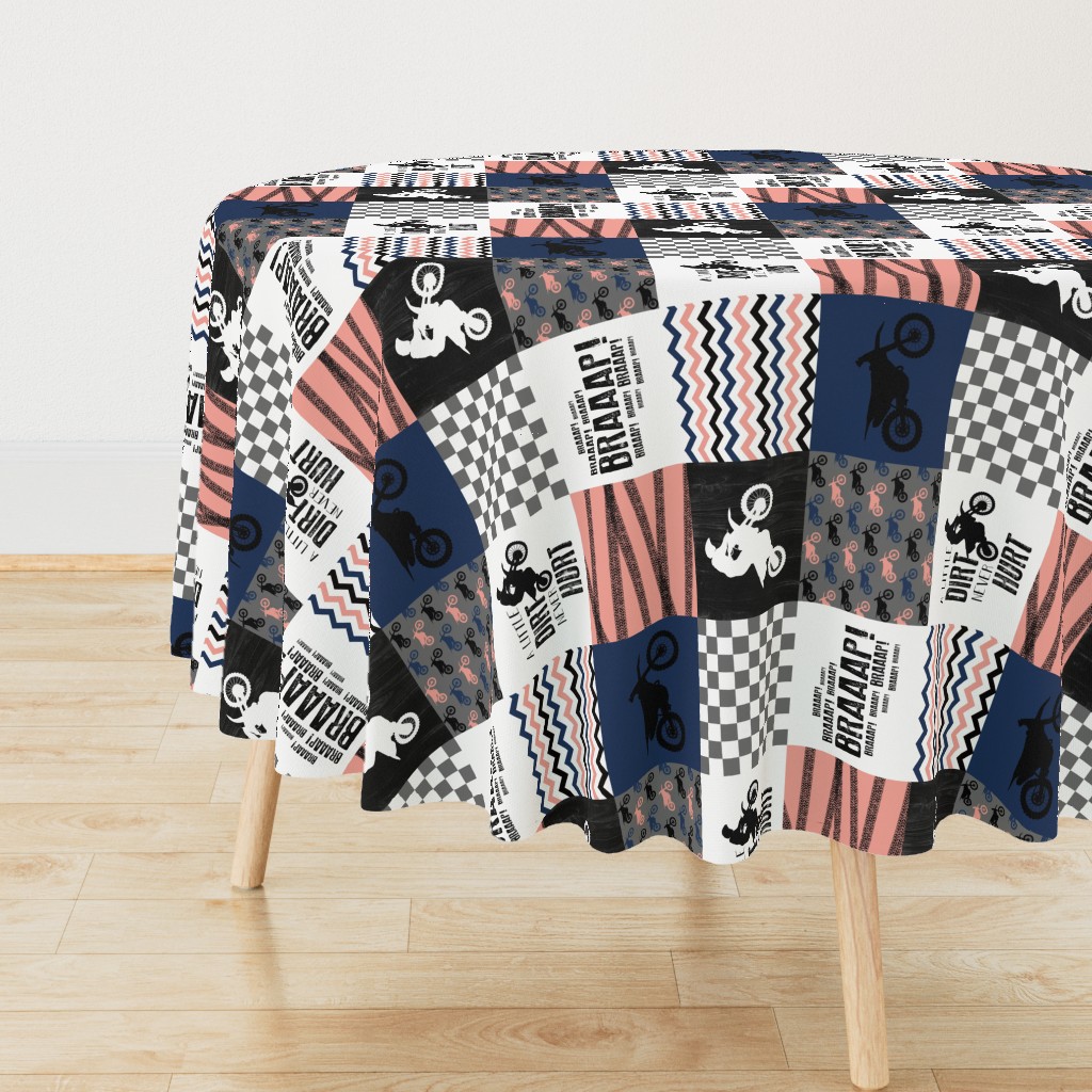 Motocross//A little Dirt Never Hurt//Navy&Coral - Wholecloth Cheater Quilt - Rotated