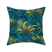 (medium) Curly floral in golden and teal / mustard and lagoon / medium scale