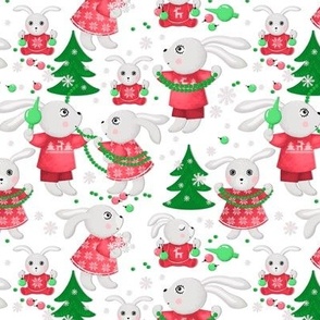 Big family of bunnies decorates Christmas trees, green Christmas trees on a white background, Large size