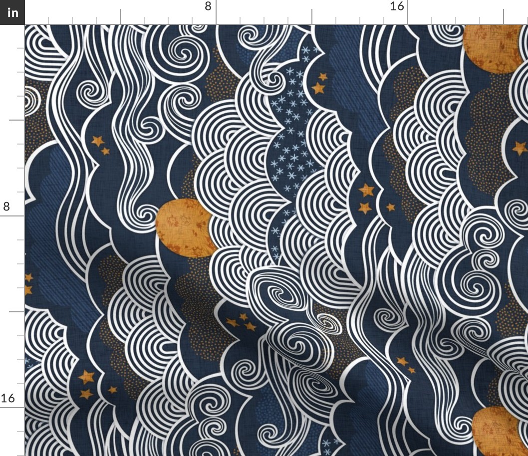 Cozy Night Sky Medium Rotated- Full Moon and Stars Over the Clouds- Navy Blue- Indigo- Gold- Mustard- Home Decor- Wallpaper