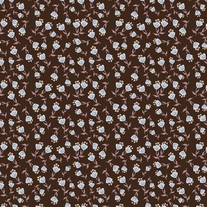Scattered, Baby Blue Flowers on Chocolate Brown for Girls Clothing, Nursery, Decor