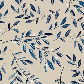 Watercolor and Faux Silver Leaves, Indigo on Sand