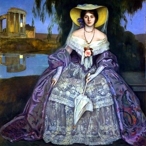 purple Victorian flowers floral roses shawl parasol umbrella off shoulder dress gowns lace yellow straw hat gloves roman greek columns beautiful woman temple veil lake river pond embroidery beauty scenery 19th century historical portraits lady neoclassica