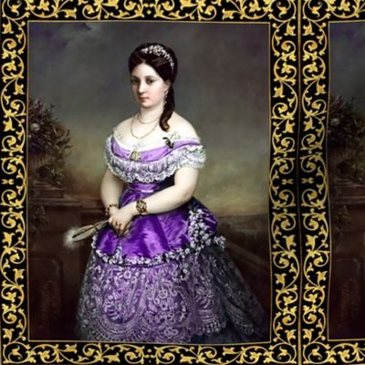 tiara gold swirls frame princesses white purple gowns dress baroque victorian beauty lace ringlets portraits beautiful lady woman garden filigree ornate off shoulder ballgowns rococo elegant gothic lolita egl neoclassical  historical romantic fan jewelry