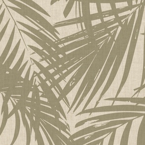 palm fronds - olive on natural linen, JUMBo scale 