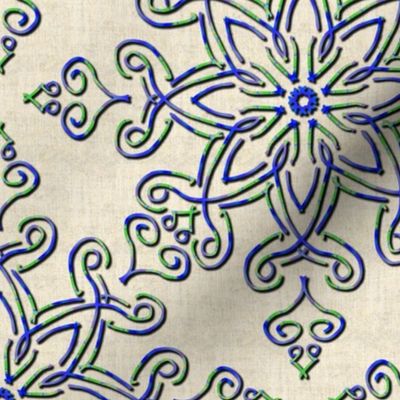 Filigree Kaleidoscope in Blue and Green on Linen Look