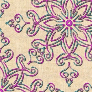 Filigree Kaleidoscope in Pink and Turquoise on Linen Look